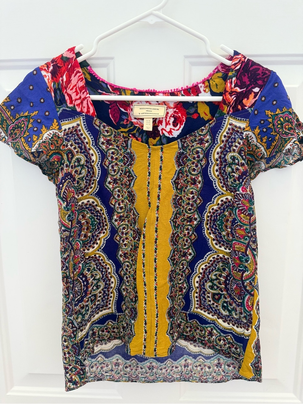 Anthropologie Paisley Panel Short Sleeve Top in Blue & Mustard